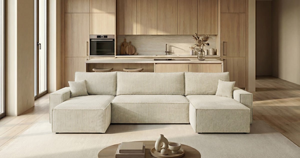 Designbank Lunaro U Mini met slaapfunctie en opbergruimte in Ribstof