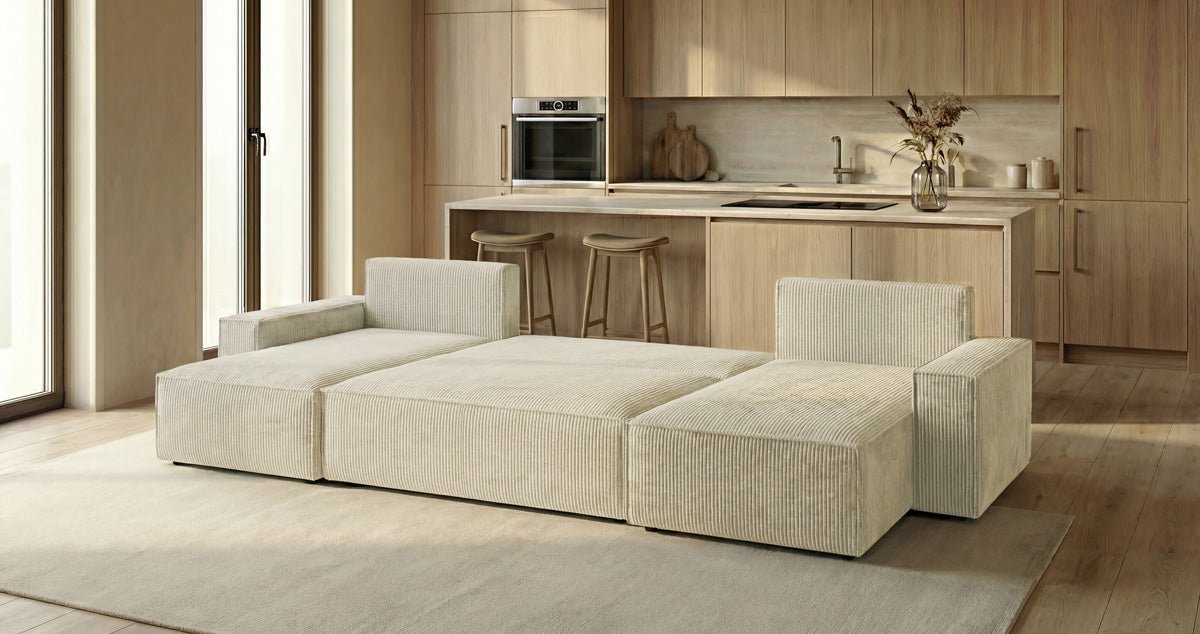 Designbank Lunaro U Mini met slaapfunctie en opbergruimte in Ribstof