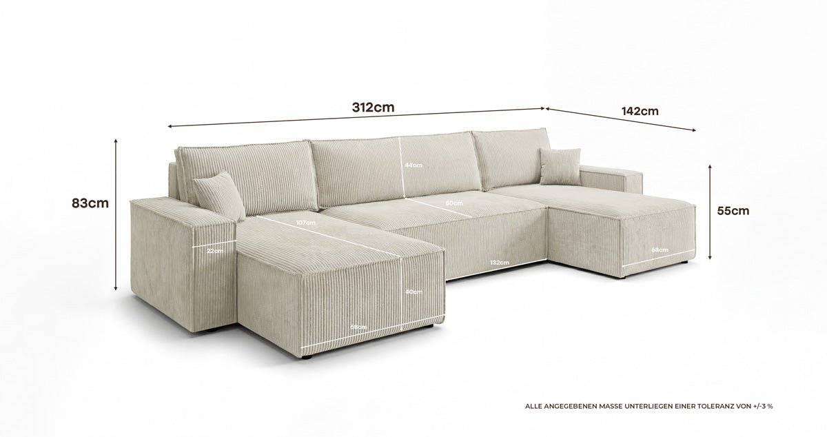 Designbank Lunaro U Mini met slaapfunctie en opbergruimte in Ribstof