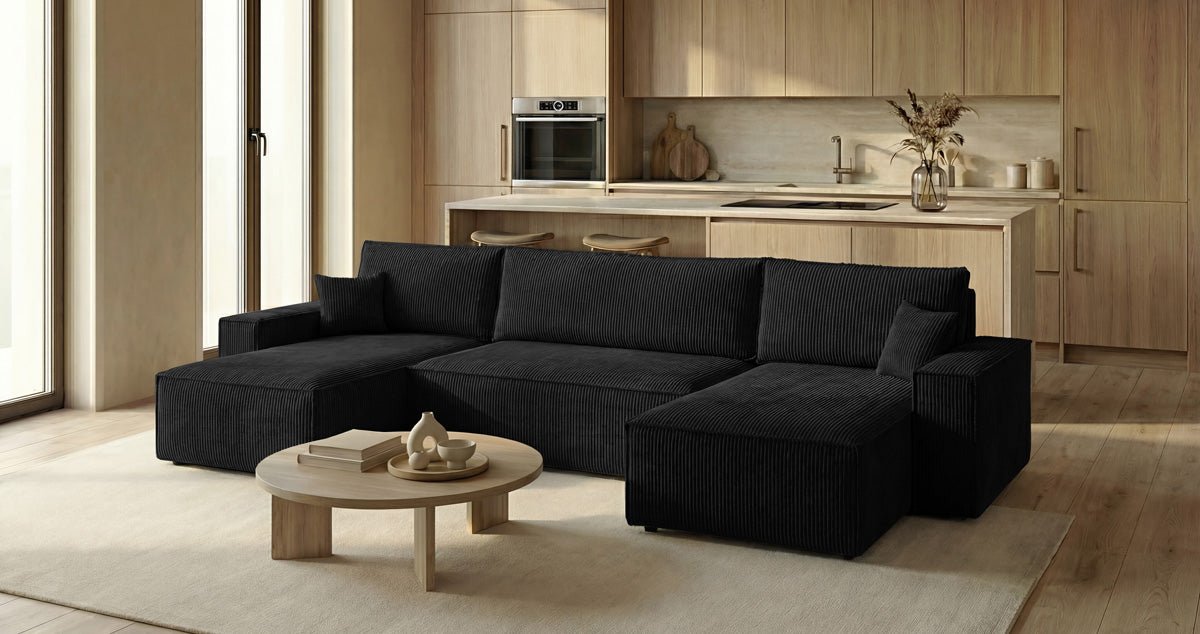 Designbank Lunaro U Mini met slaapfunctie en opbergruimte in Ribstof