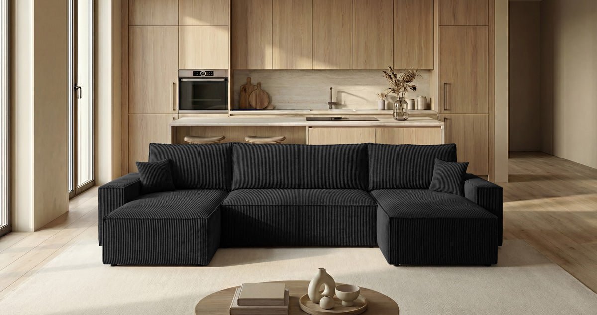 Designbank Lunaro U Mini met slaapfunctie en opbergruimte in Ribstof