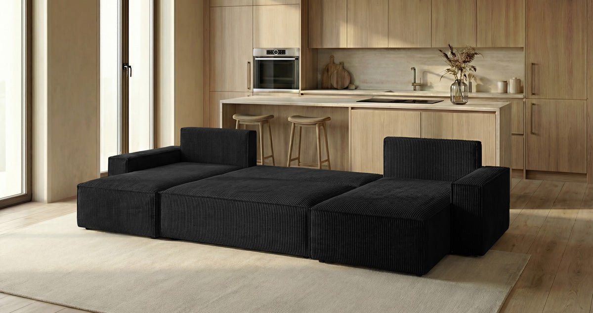 Designbank Lunaro U Mini met slaapfunctie en opbergruimte in Ribstof