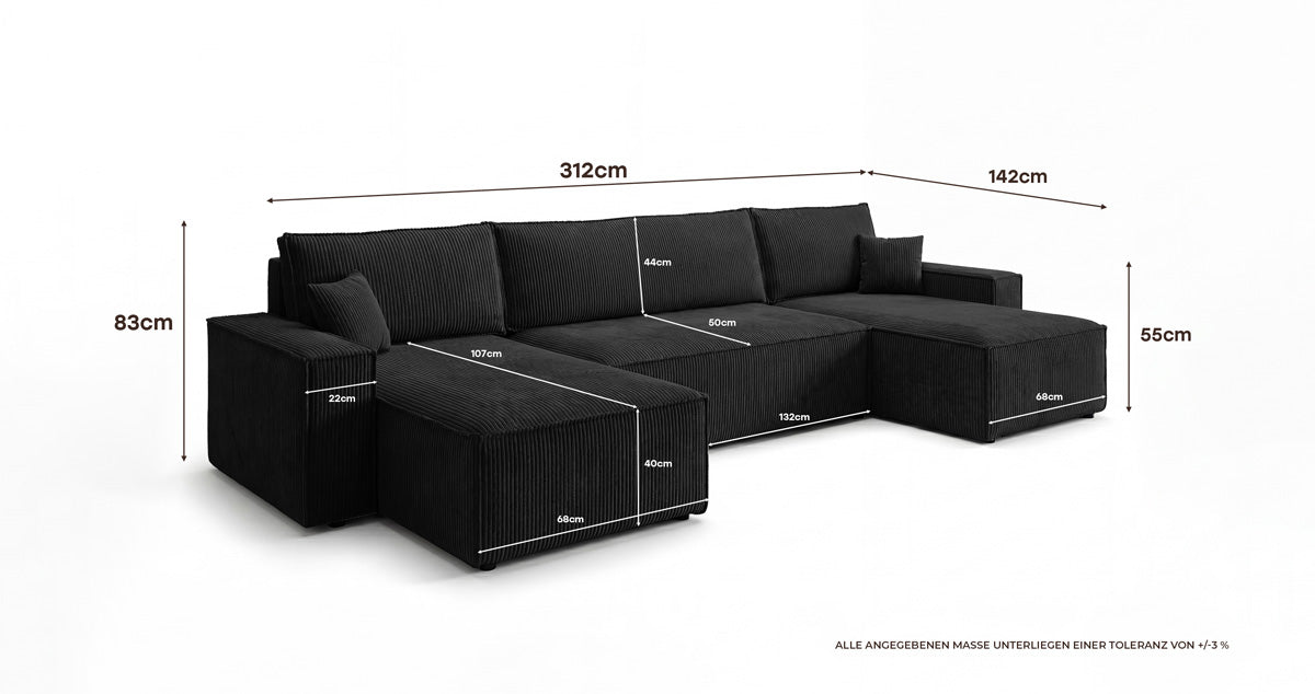 Designbank Lunaro U Mini met slaapfunctie en opbergruimte in Ribstof