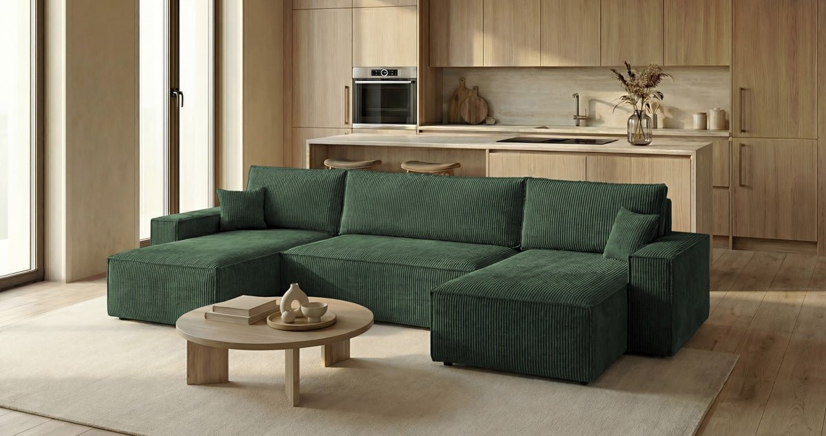Designbank Lunaro U Mini met slaapfunctie en opbergruimte in Ribstof