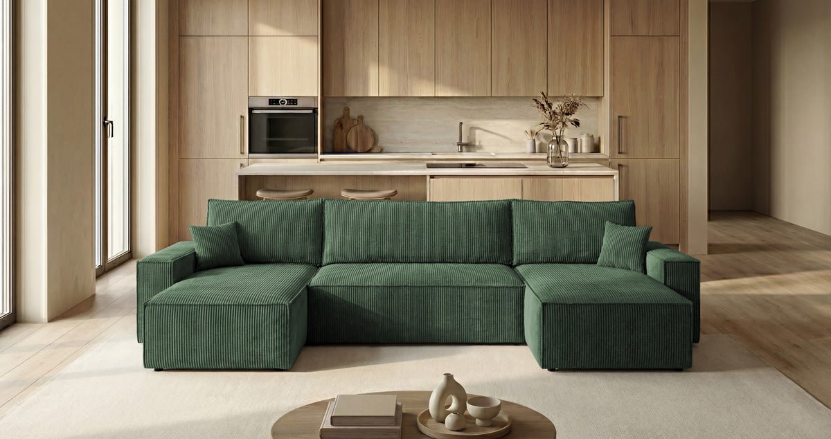 Designbank Lunaro U Mini met slaapfunctie en opbergruimte in Ribstof