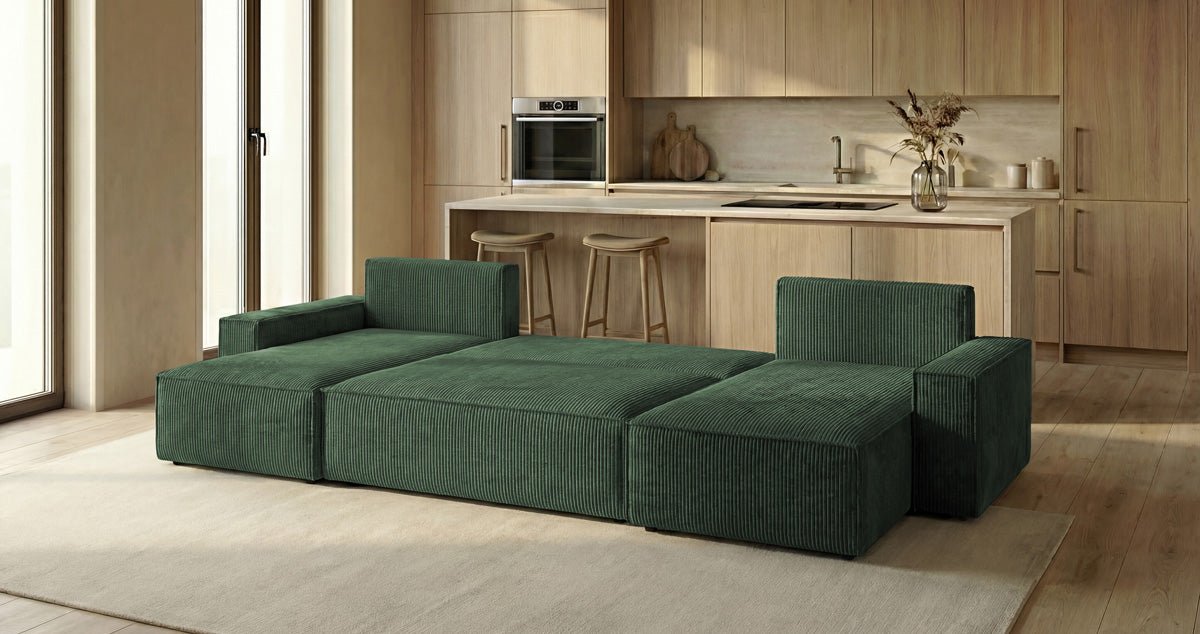 Designbank Lunaro U Mini met slaapfunctie en opbergruimte in Ribstof