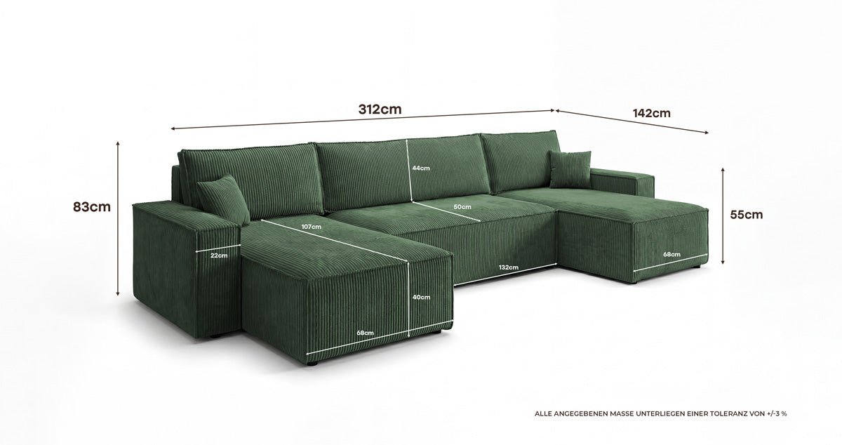 Designbank Lunaro U Mini met slaapfunctie en opbergruimte in Ribstof
