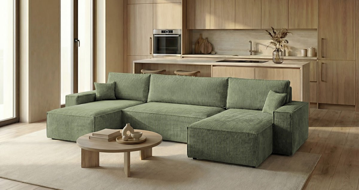 Designbank Lunaro U Mini met slaapfunctie en opbergruimte in Ribstof