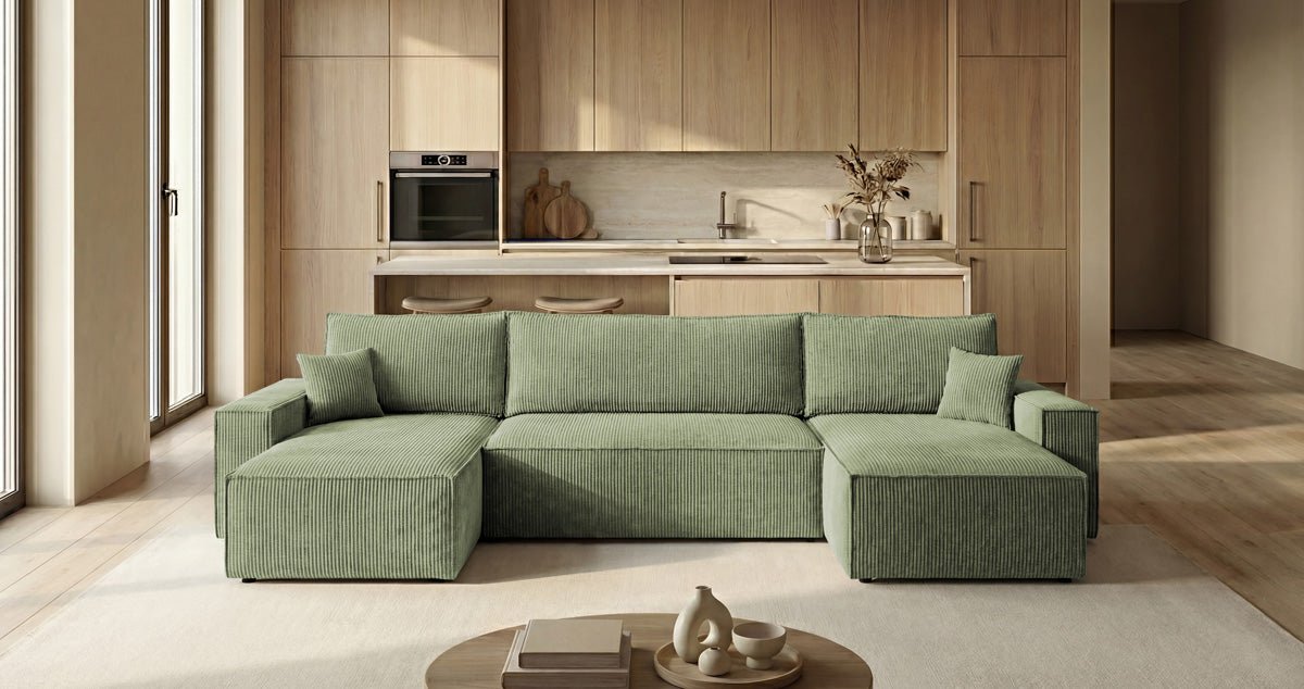 Designbank Lunaro U Mini met slaapfunctie en opbergruimte in Ribstof