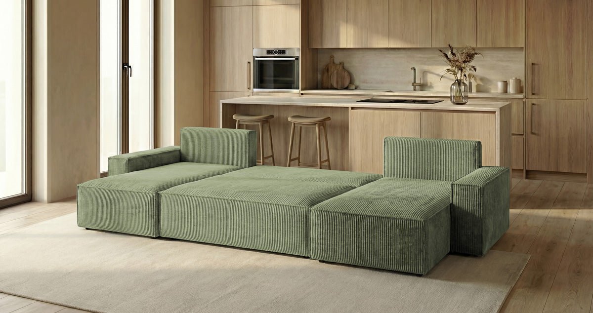 Designbank Lunaro U Mini met slaapfunctie en opbergruimte in Ribstof