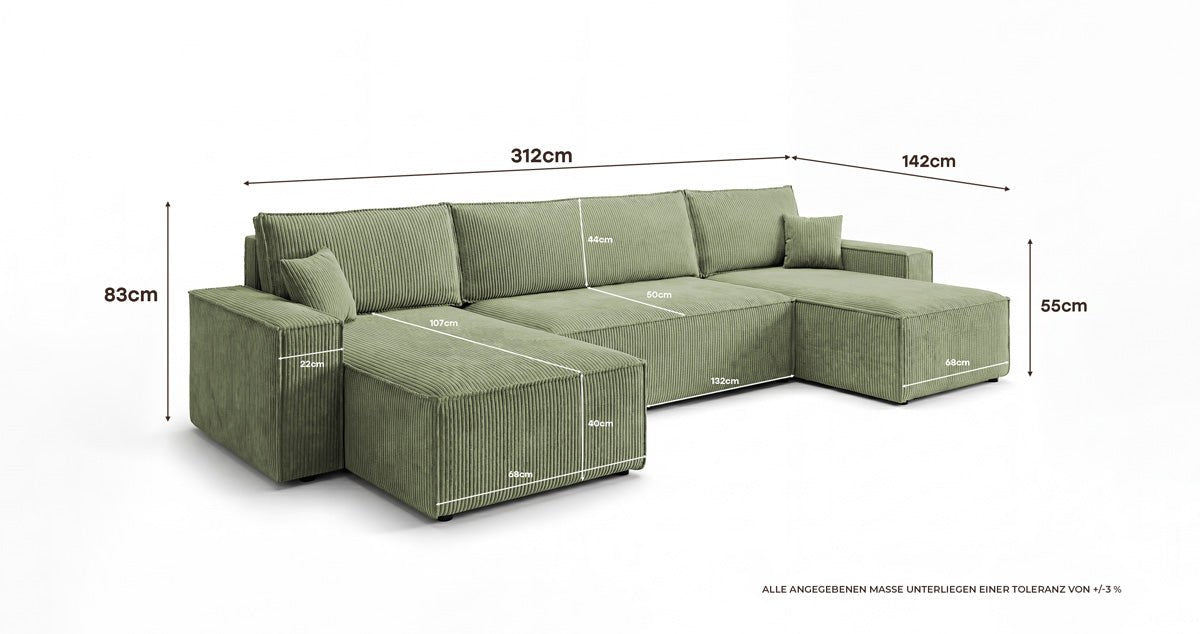 Designbank Lunaro U Mini met slaapfunctie en opbergruimte in Ribstof