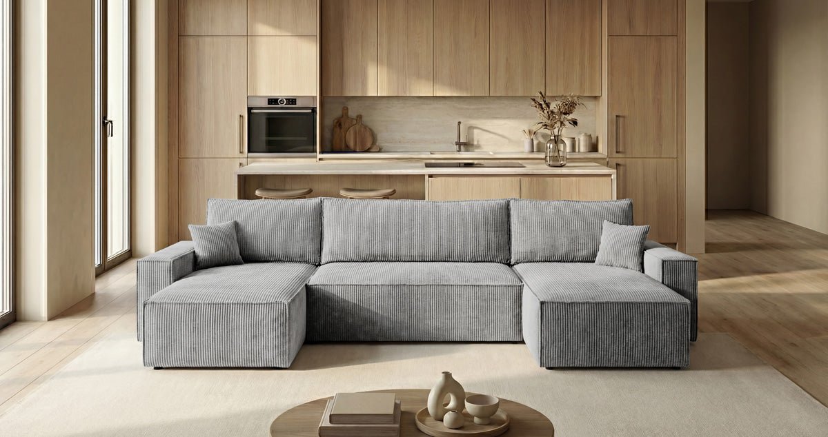 Designbank Lunaro U Mini met slaapfunctie en opbergruimte in Ribstof