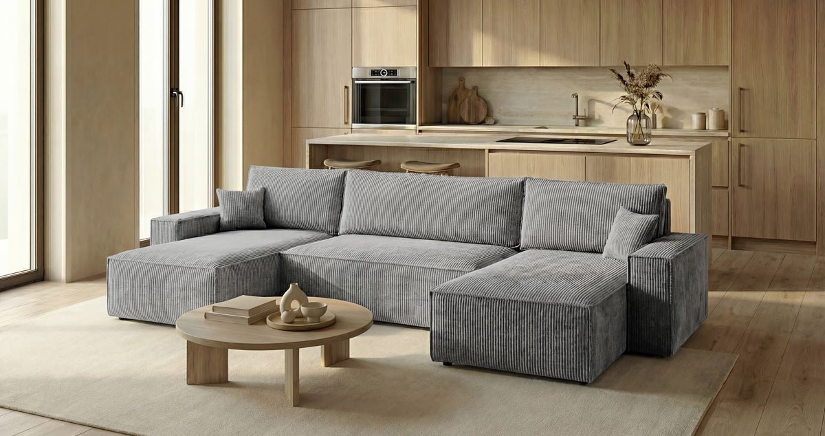 Designbank Lunaro U Mini met slaapfunctie en opbergruimte in Ribstof