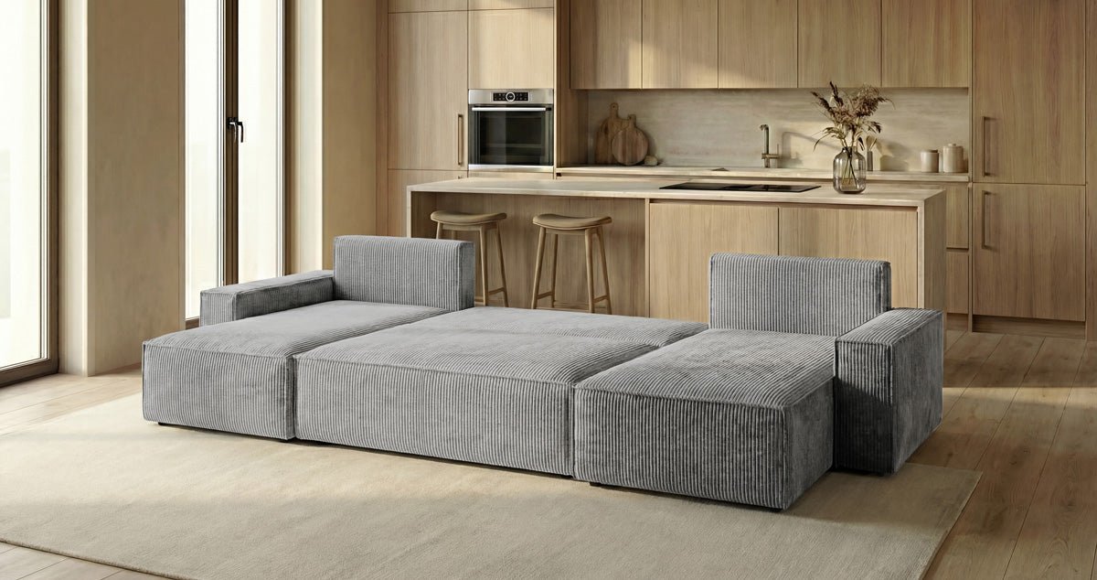 Designbank Lunaro U Mini met slaapfunctie en opbergruimte in Ribstof
