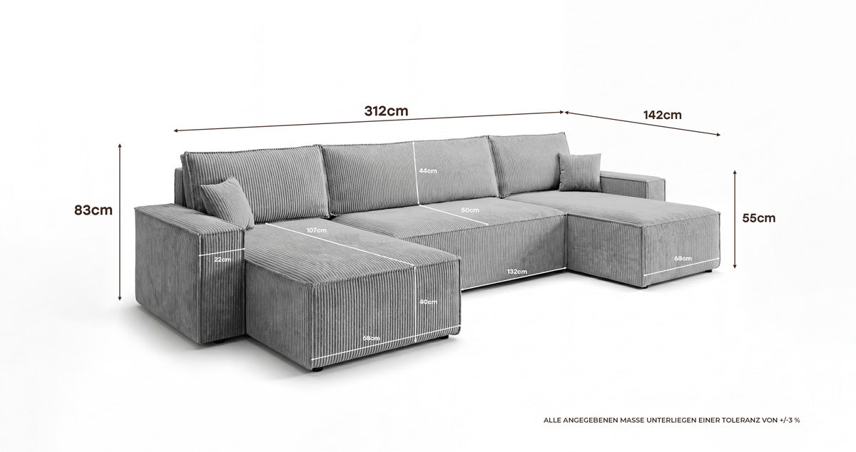 Designbank Lunaro U Mini met slaapfunctie en opbergruimte in Ribstof