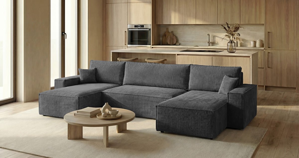 Designbank Lunaro U Mini met slaapfunctie en opbergruimte in Ribstof