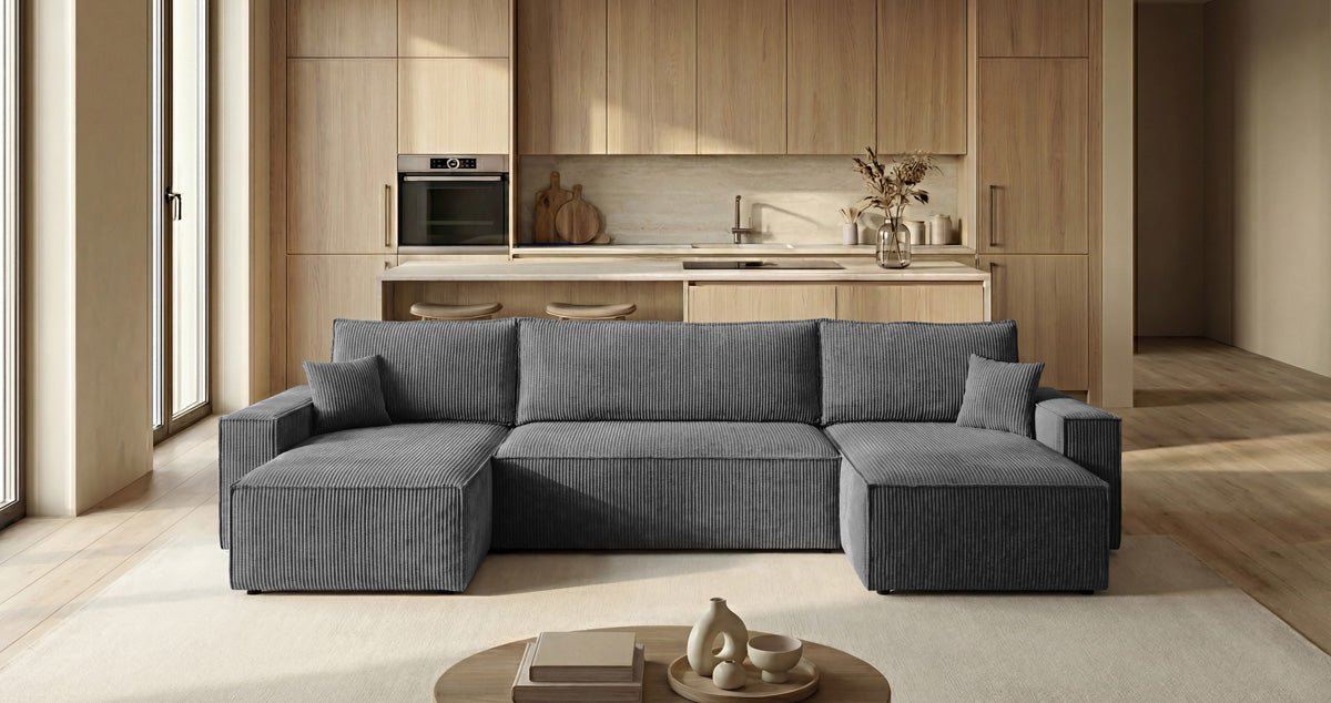 Designbank Lunaro U Mini met slaapfunctie en opbergruimte in Ribstof