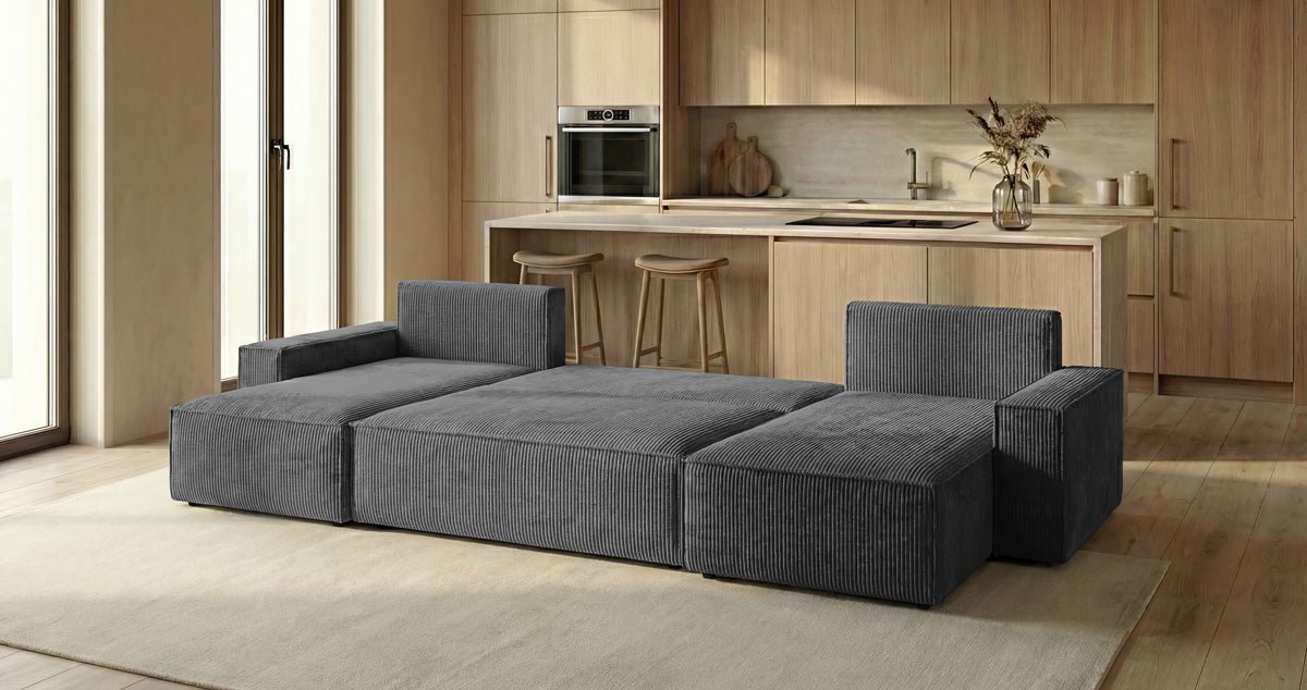 Designbank Lunaro U Mini met slaapfunctie en opbergruimte in Ribstof