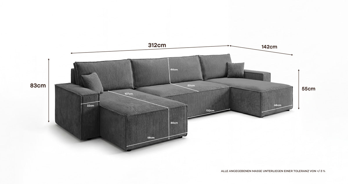 Designbank Lunaro U Mini met slaapfunctie en opbergruimte in Ribstof