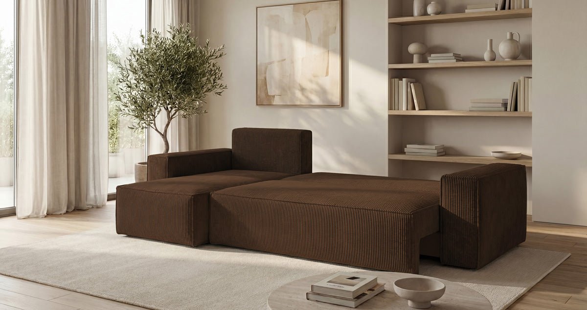 Designbank Lunaro Mini met slaap- en uitklapfunctie in Ribstof