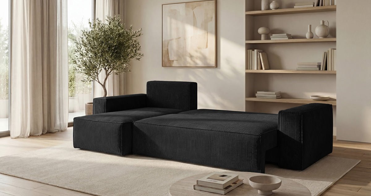Designbank Lunaro Mini met slaap- en uitklapfunctie in Ribstof