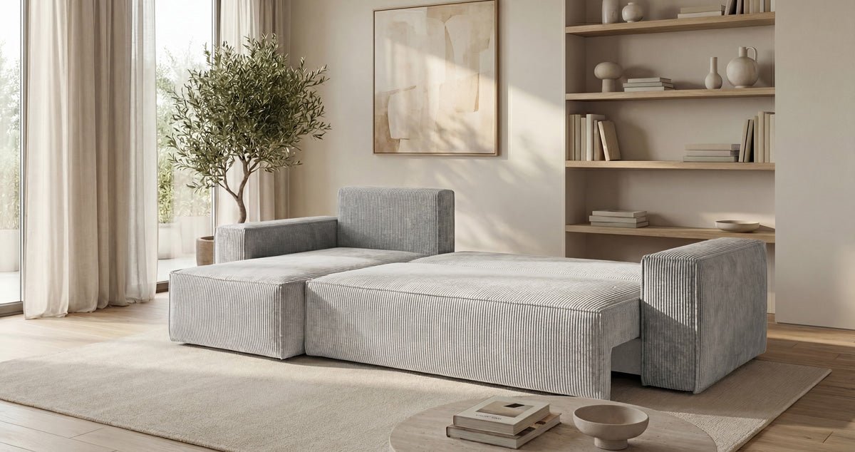 Designbank Lunaro Mini met slaap- en uitklapfunctie in Ribstof