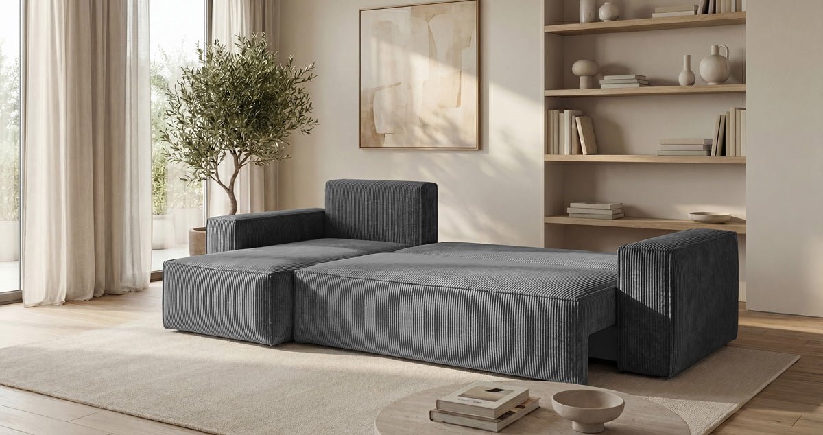 Designbank Lunaro Mini met slaap- en uitklapfunctie in Ribstof