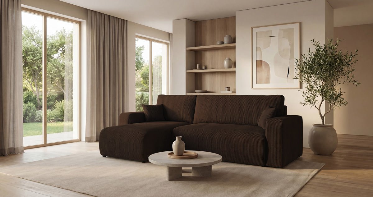 Designsofa Calva met slaap- en uitklapfunctie in Ribstof