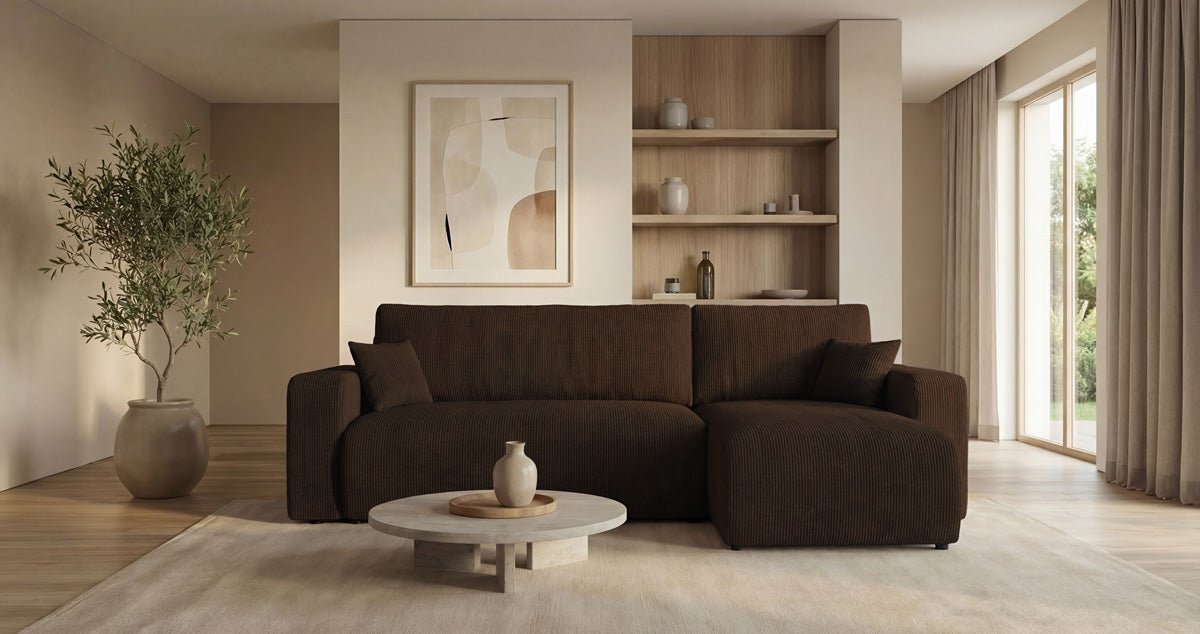 Designsofa Calva met slaap- en uitklapfunctie in Ribstof