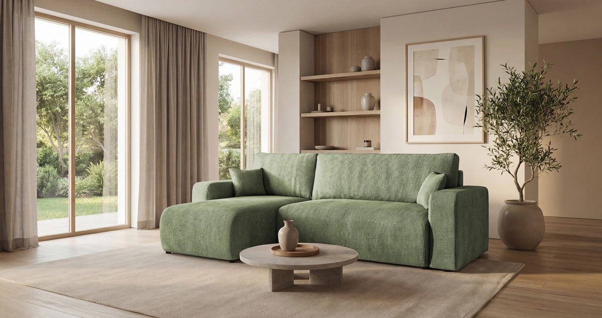 Designsofa Calva met slaap- en uitklapfunctie in Ribstof