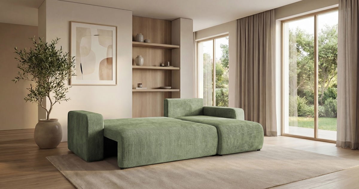 Designsofa Calva met slaap- en uitklapfunctie in Ribstof