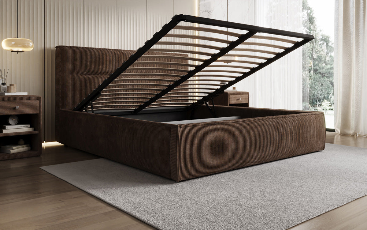 Designer gestoffeerd bed Merry in Ribstof met opbergruimte