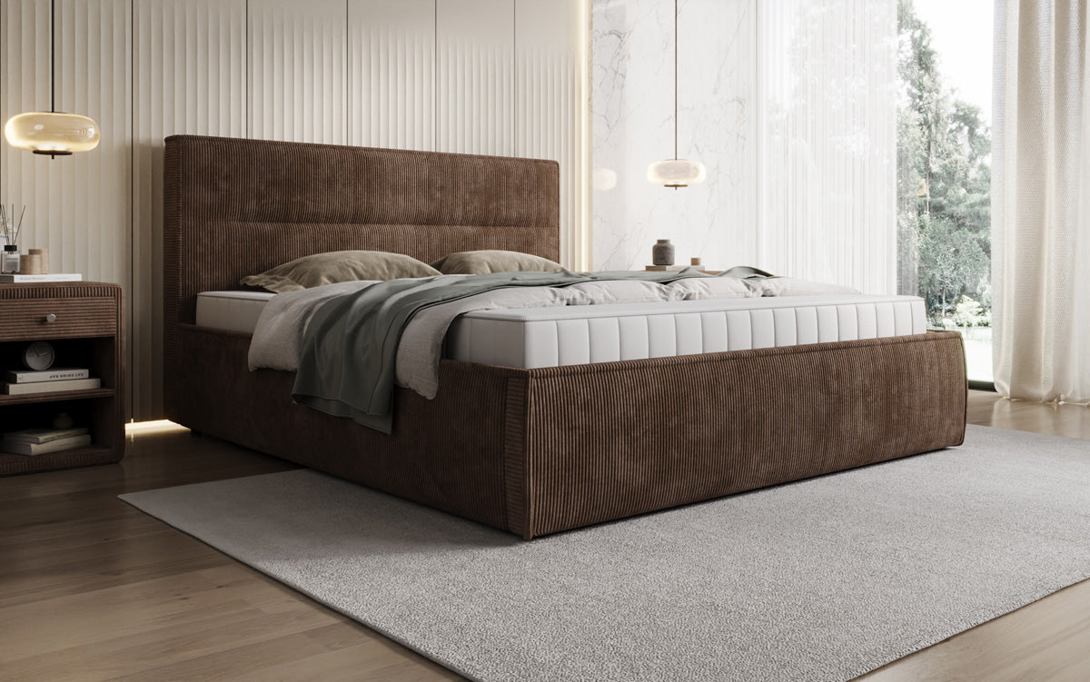 Designer gestoffeerd bed Merry in Ribstof met opbergruimte