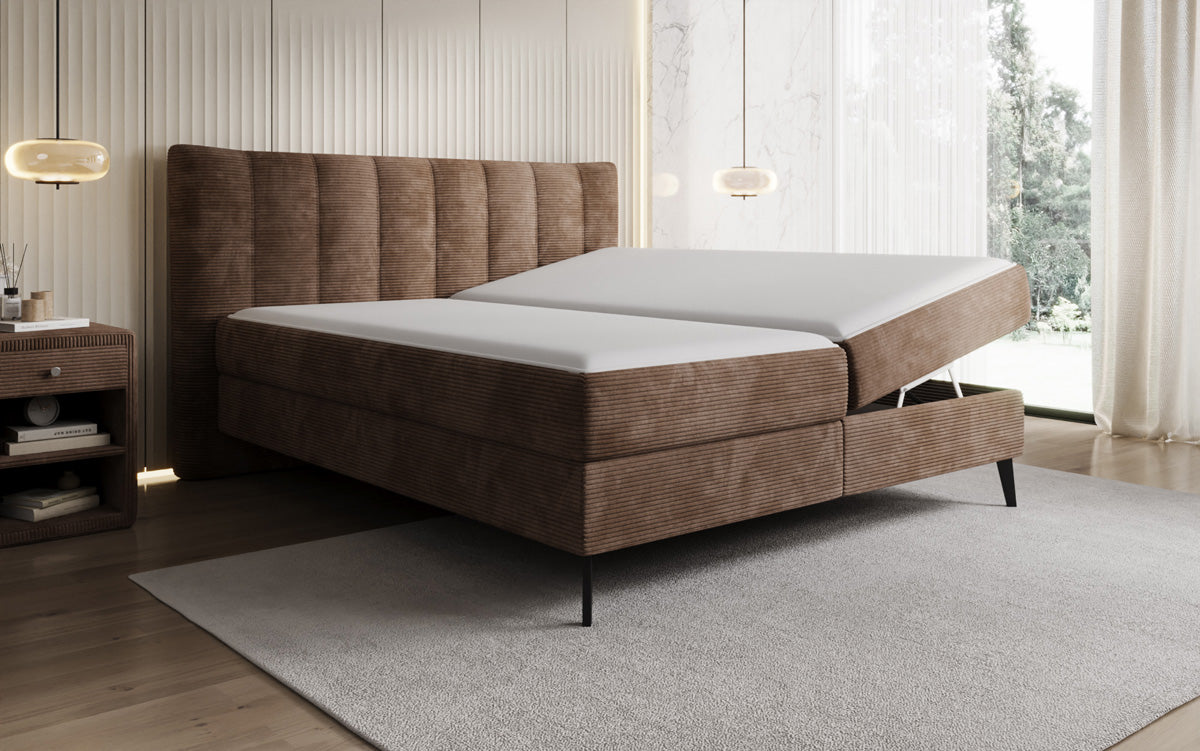 Boxspringbed Ines in Ribstof met opbergruimte