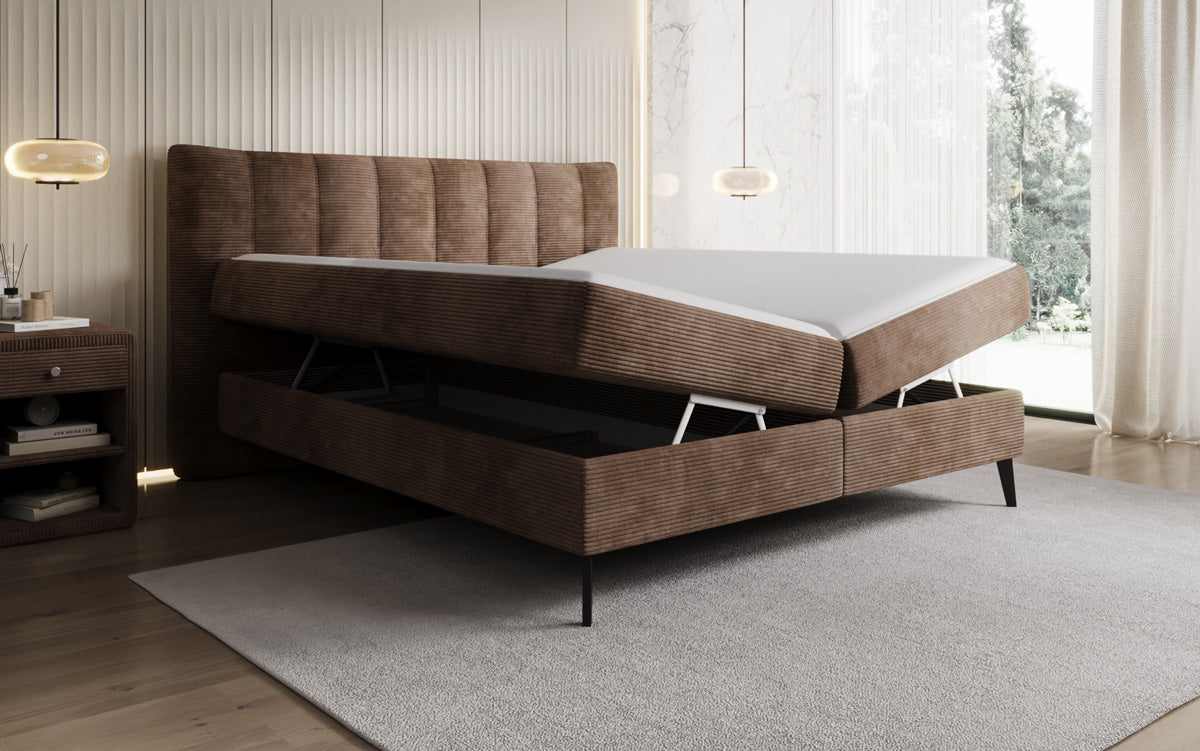 Boxspringbed Ines in Ribstof met opbergruimte