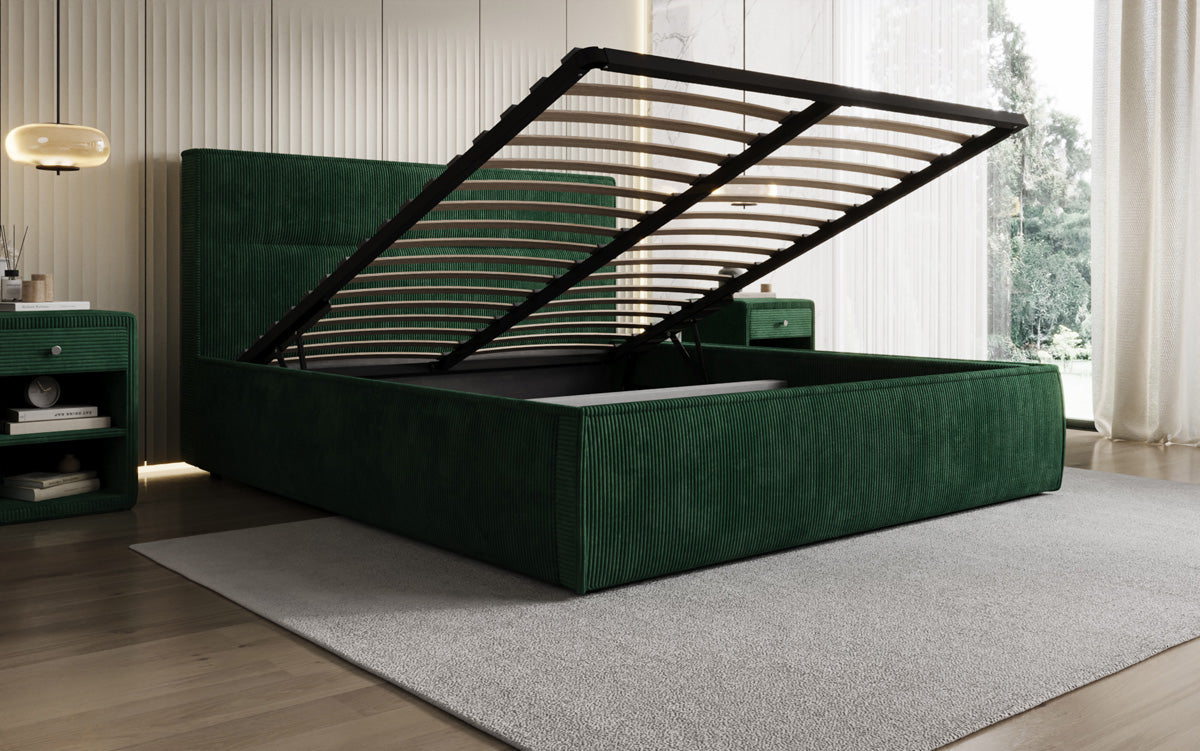 Designer gestoffeerd bed Merry in Ribstof met opbergruimte
