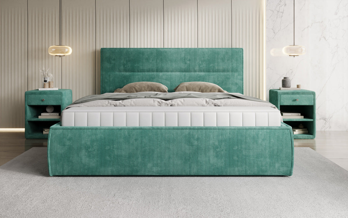 Designer gestoffeerd bed Merry in Ribstof met opbergruimte