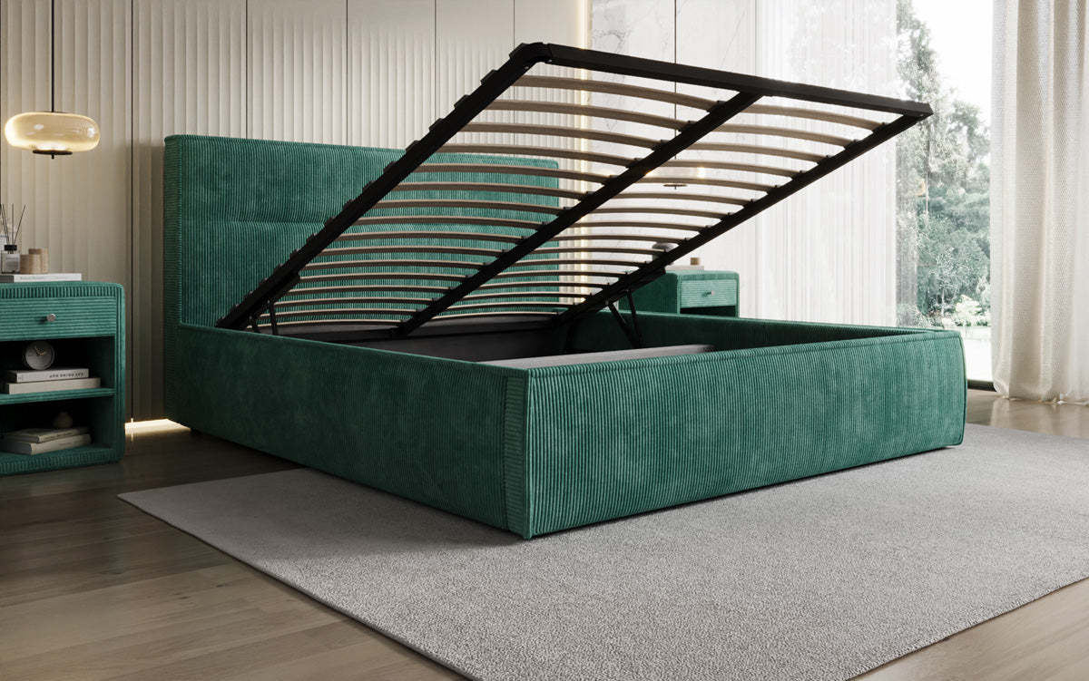 Designer gestoffeerd bed Merry in Ribstof met opbergruimte