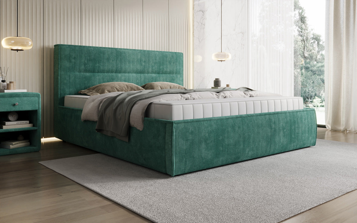 Designer gestoffeerd bed Merry in Ribstof met opbergruimte