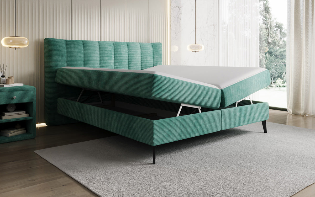 Boxspringbed Ines in Ribstof met opbergruimte