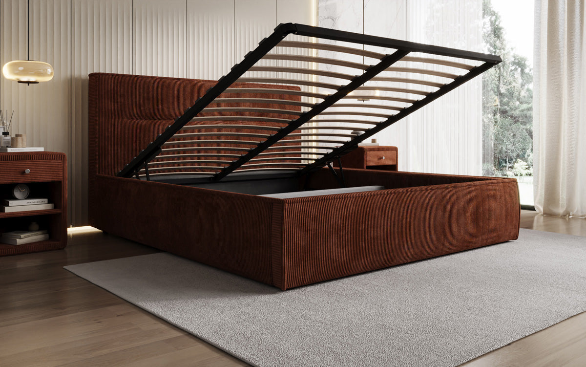 Designer gestoffeerd bed Merry in Ribstof met opbergruimte
