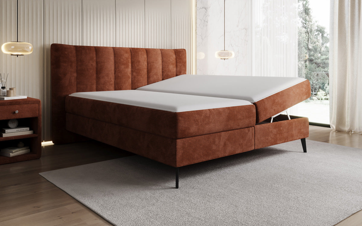 Boxspringbed Ines in Ribstof met opbergruimte