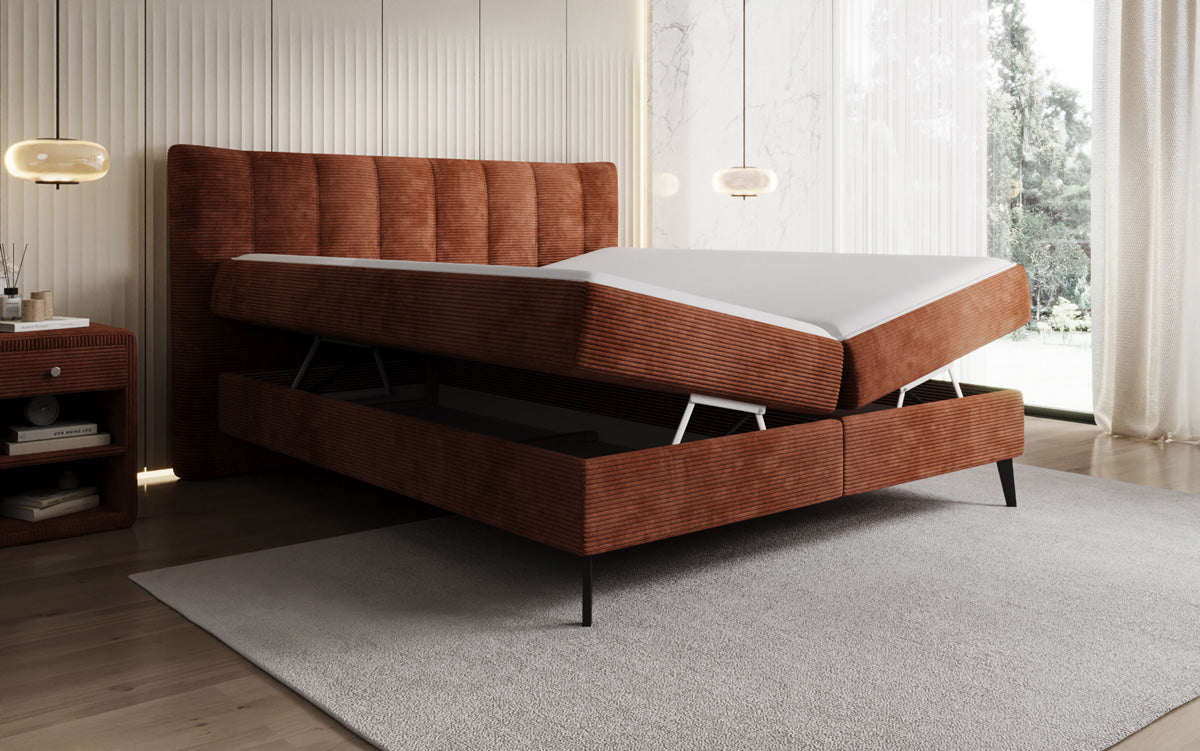 Boxspringbed Ines in Ribstof met opbergruimte