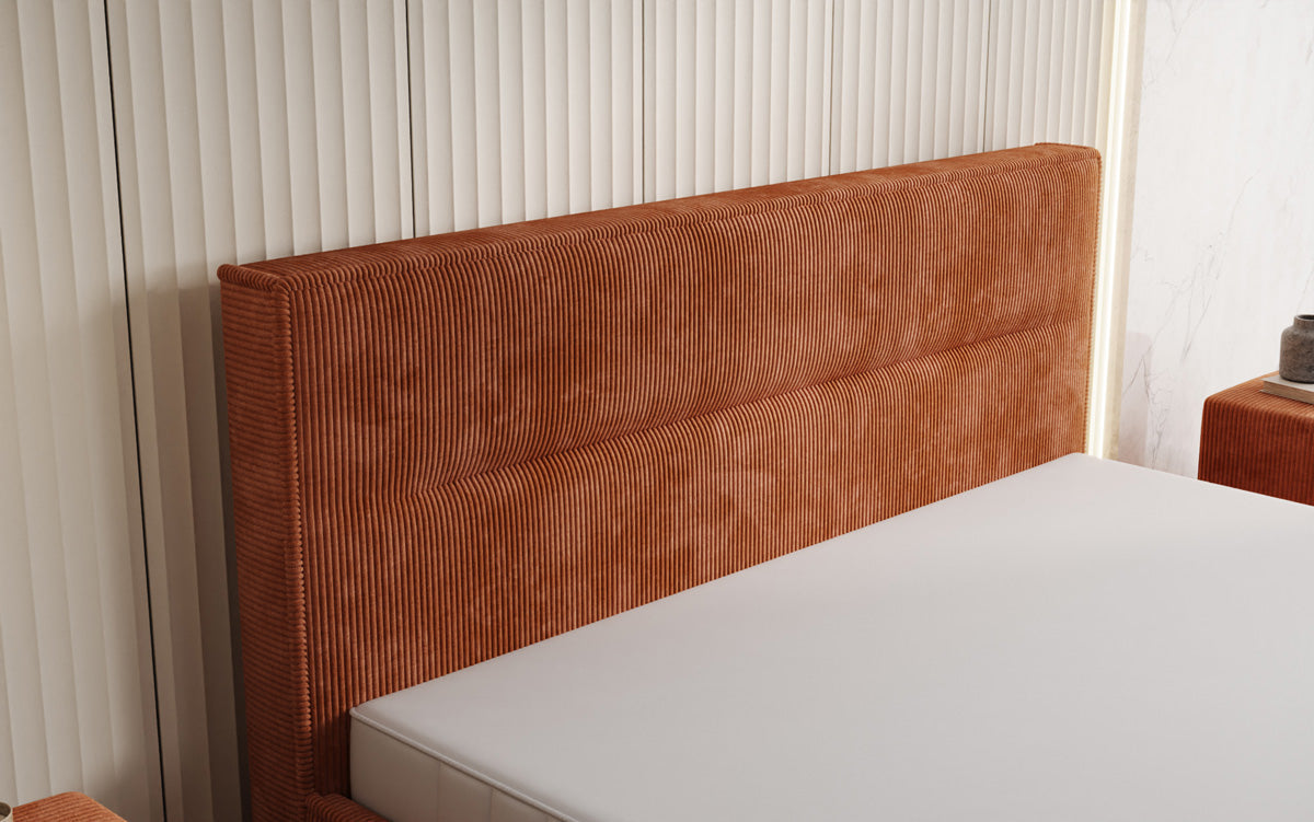 Designer gestoffeerd bed Merry in Ribstof met opbergruimte