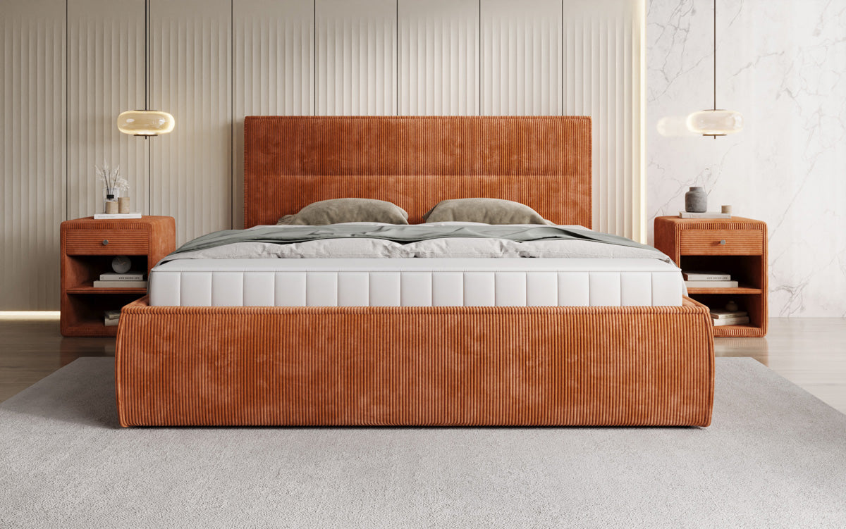 Designer gestoffeerd bed Merry in Ribstof met opbergruimte