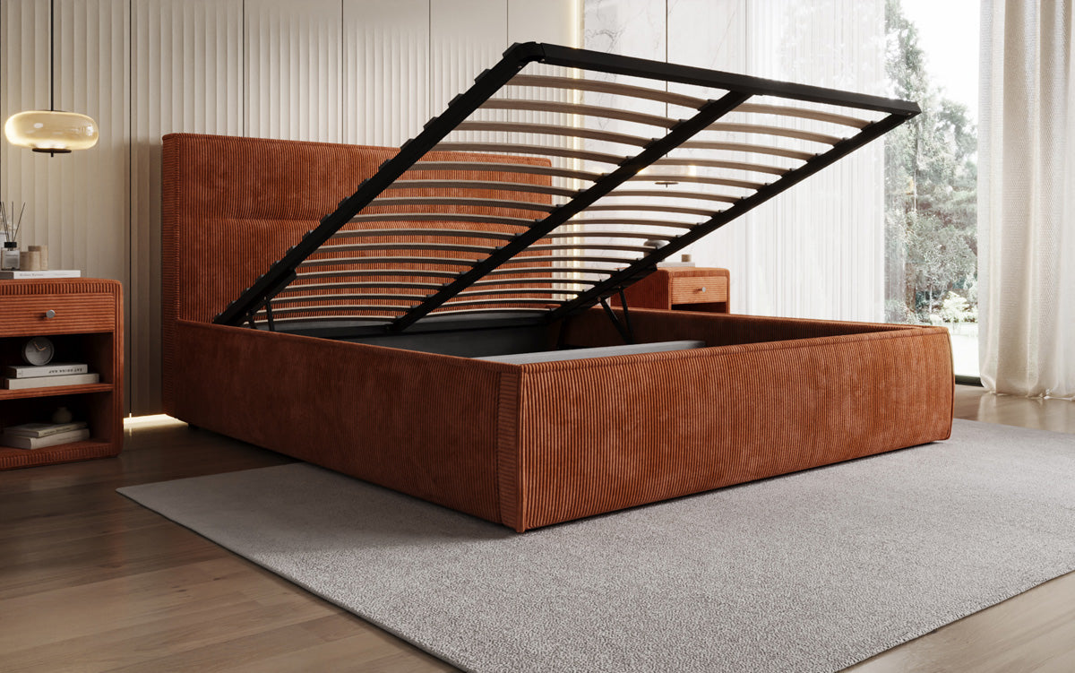 Designer gestoffeerd bed Merry in Ribstof met opbergruimte