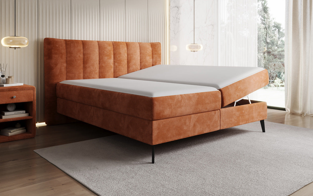 Boxspringbed Ines in Ribstof met opbergruimte