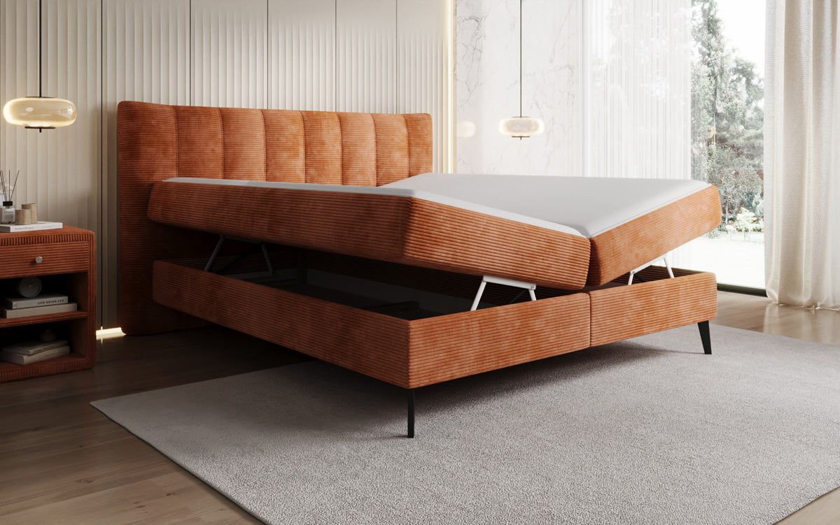 Boxspringbed Ines in Ribstof met opbergruimte