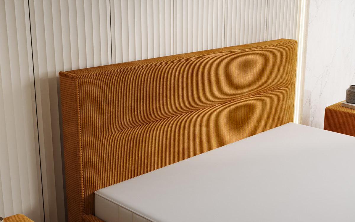 Designer gestoffeerd bed Merry in Ribstof met opbergruimte