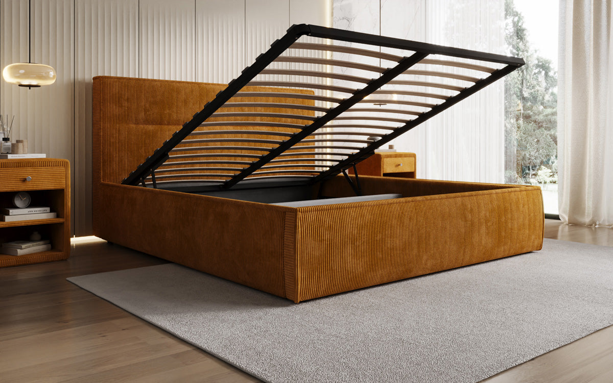 Designer gestoffeerd bed Merry in Ribstof met opbergruimte